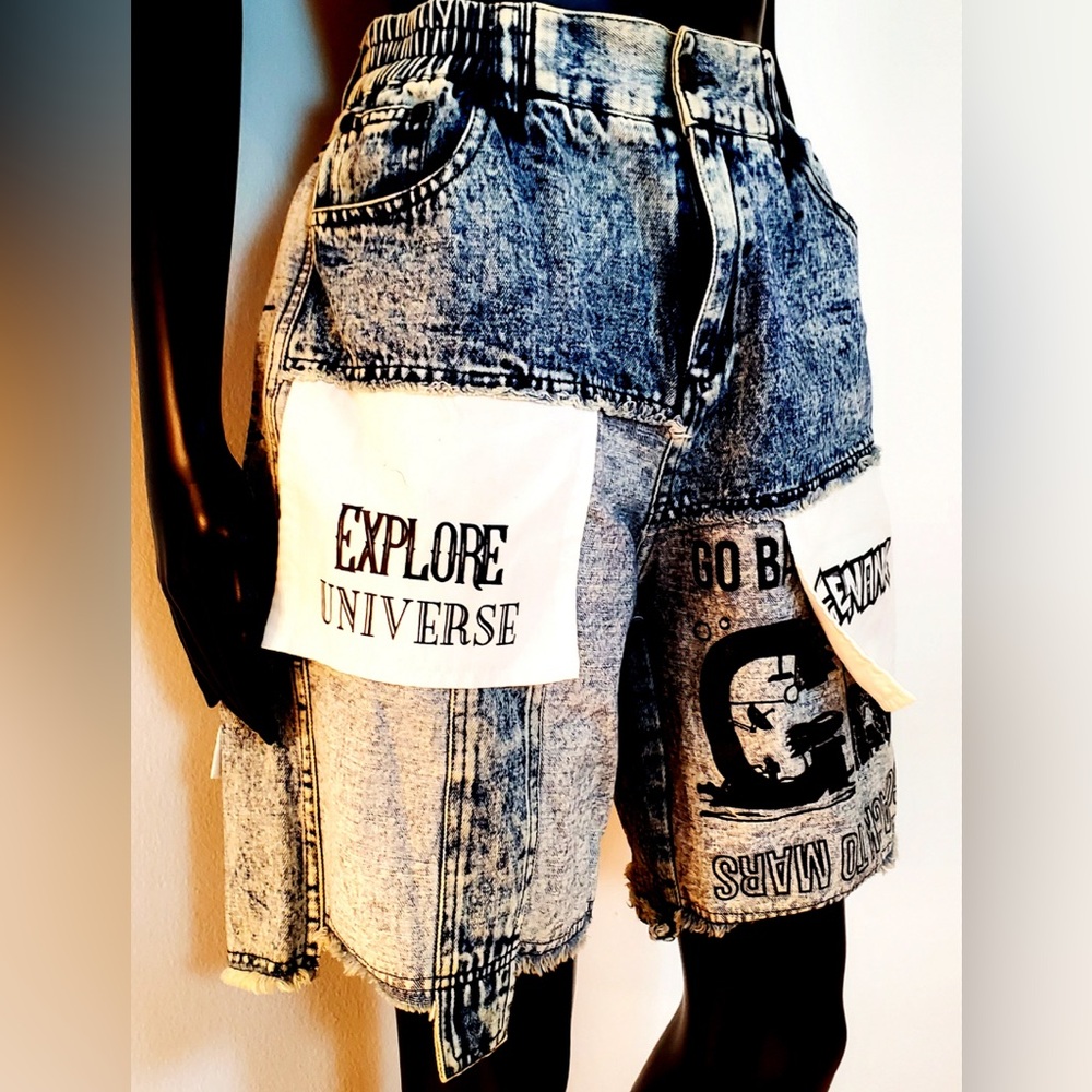 Evisu x Genanx Colorblock Patched Cargo Carpenter Bermuda Denim Shorts Jeans - Picture 2 of 8